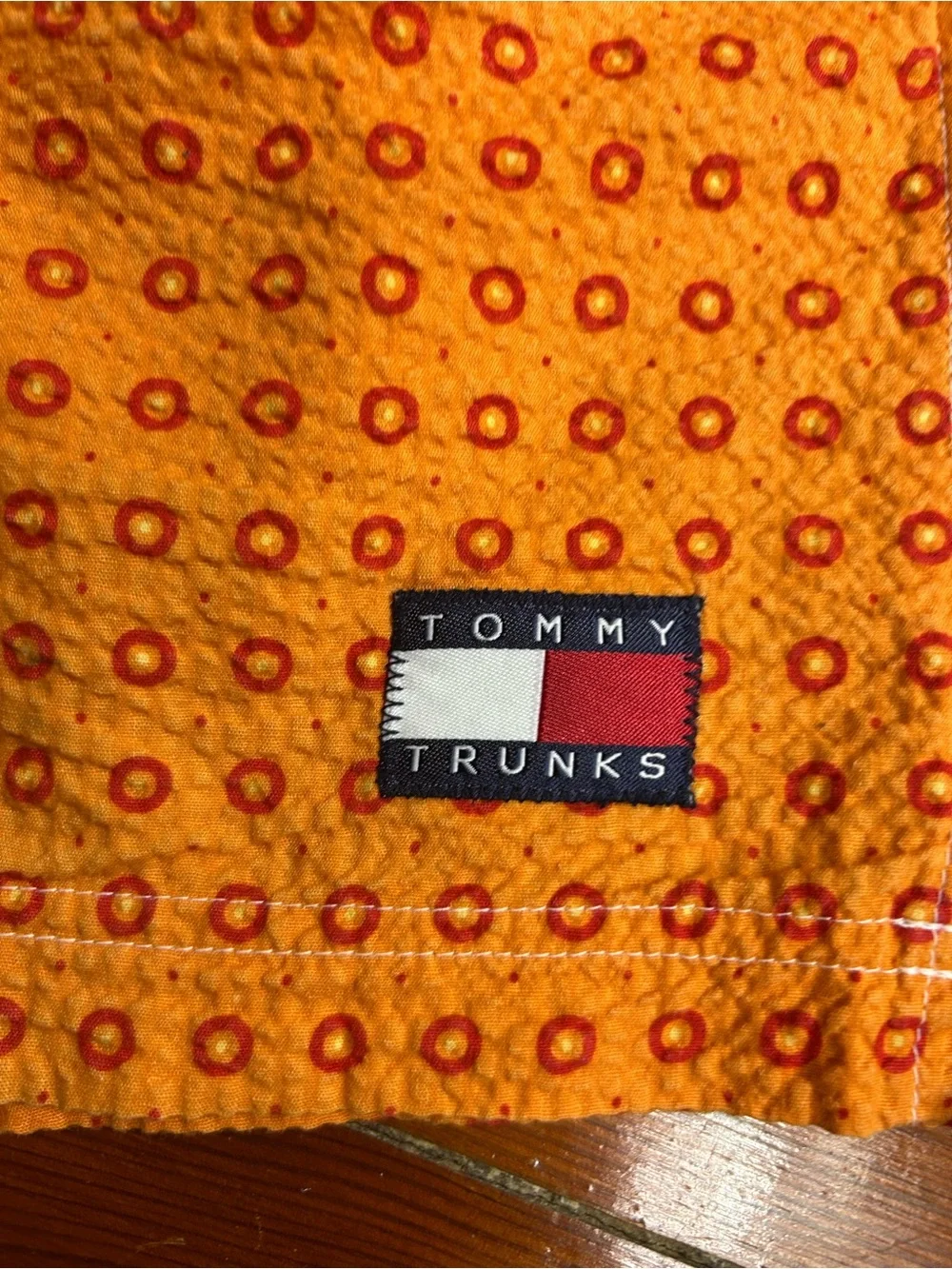 Tommy Hilfiger Men’s Orange Seersucker lined Swim Trunks Sz L 👽 💛